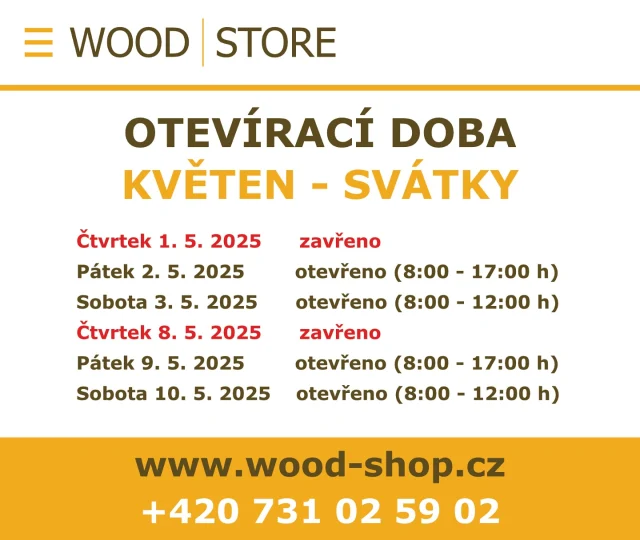 Otevírací doba našeho prodejního skladu o květnových státních svátcích ☝️

#woodshop #woodshopcz #woodstore #woodstorecz